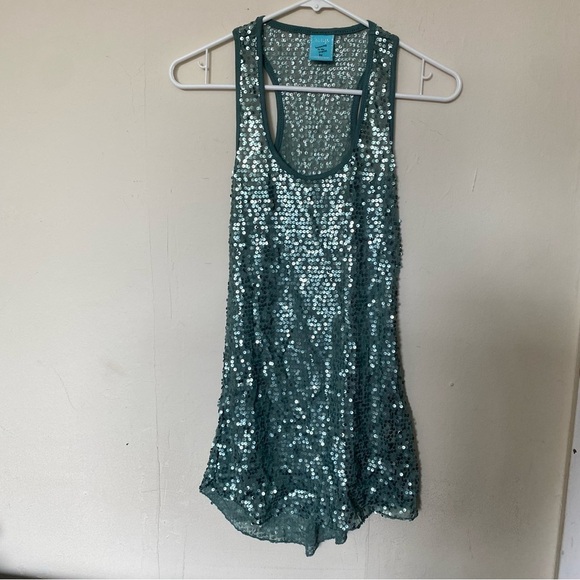 Shimmery Sequin Blue Green Mermaid Sleeveless Sheer Tank Top Tunic Mini Dress - Picture 1 of 6